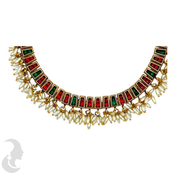 Short Necklace Rice Pearls (Ari Mani Mala )- Red & Green Color Stones- Studs, Product Code: V-1554 - Image 2