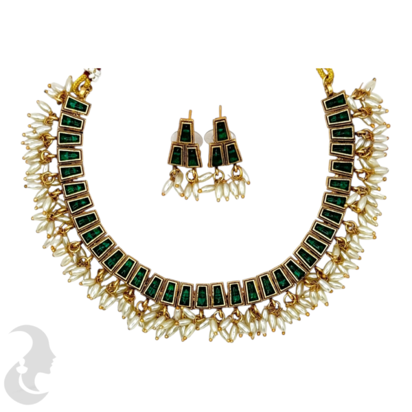 Short Necklace Rice Pearls (Ari Mani Mala )- Green Color Stones- Studs, Product Code: V-1555