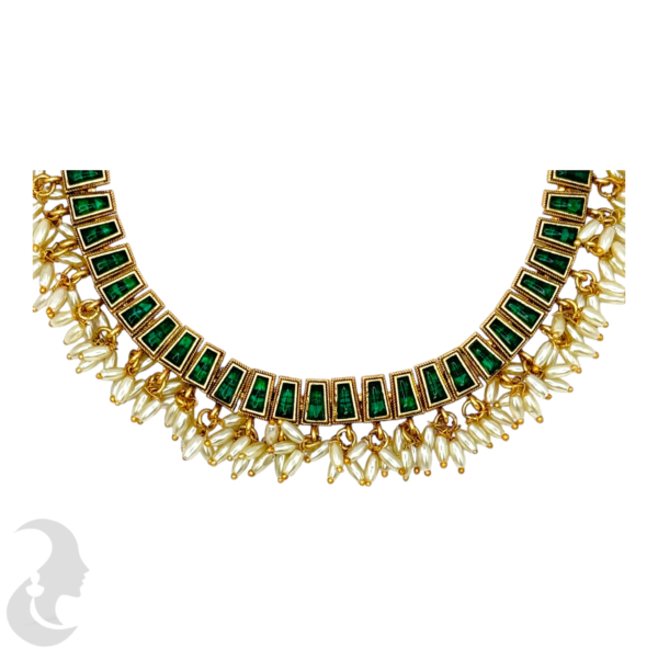 Short Necklace Rice Pearls (Ari Mani Mala )- Green Color Stones- Studs, Product Code: V-1555 - Image 2