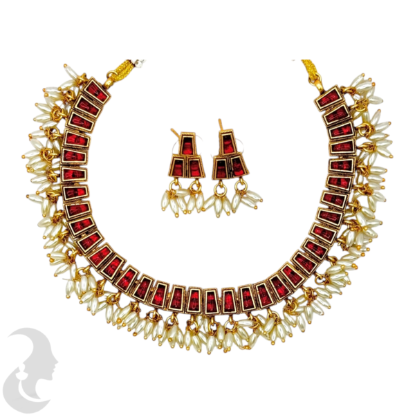 Short Necklace Rice Pearls (Ari Mani Mala )- Red Stones- Studs, Product Code: V-1556