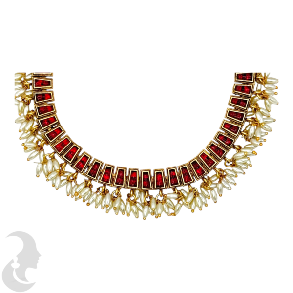 Short Necklace Rice Pearls (Ari Mani Mala )- Red Stones- Studs, Product Code: V-1556 - Image 2