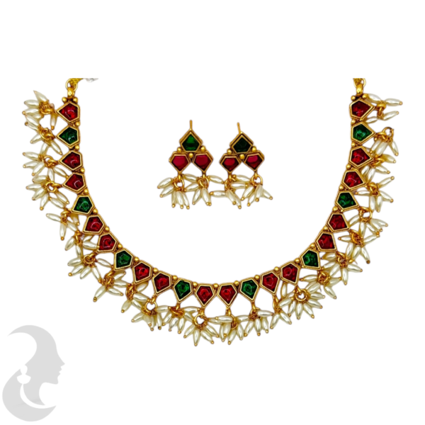 Short Necklace Rice Pearls (Ari Mani Mala )- Red & Green Color Stones- Studs, Product Code: V-1557