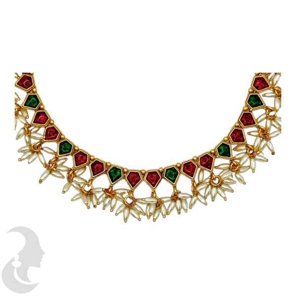 Short Necklace Rice Pearls (Ari Mani Mala )- Red & Green Color Stones- Studs, Product Code: V-1557 - Image 2