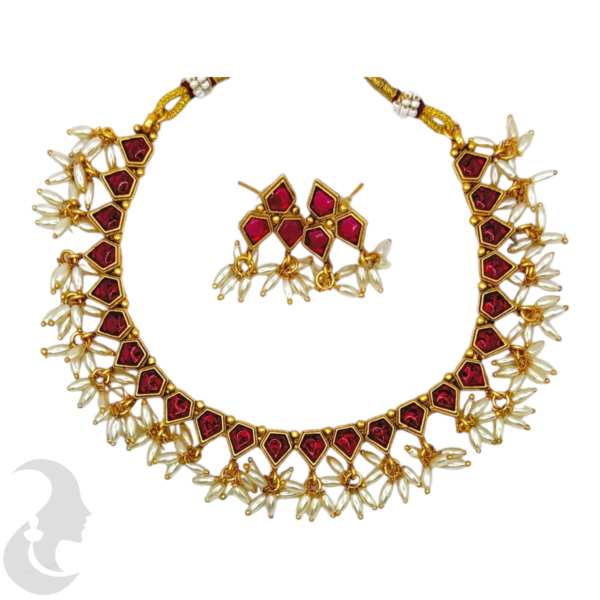 Short Necklace Rice Pearls (Ari Mani Mala )- Red Stones- Studs, Product Code: V-1558