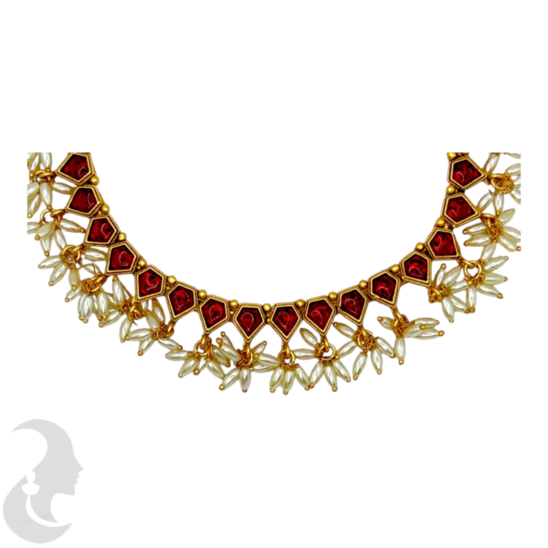 Short Necklace Rice Pearls (Ari Mani Mala )- Red Stones- Studs, Product Code: V-1558 - Image 2