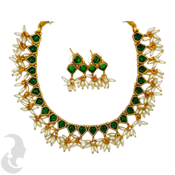 Short Necklace Rice Pearls (Ari Mani Mala )- Green Color Stones- Studs, Product Code: V-1559