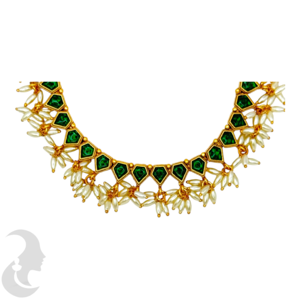 Short Necklace Rice Pearls (Ari Mani Mala )- Green Color Stones- Studs, Product Code: V-1559 - Image 2