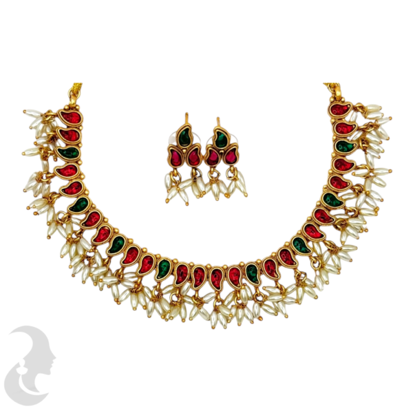 Short Necklace Rice Pearls (Ari Mani Mala )- Mango Design- Red & Green Color Stones- Studs, Product Code: V-1560