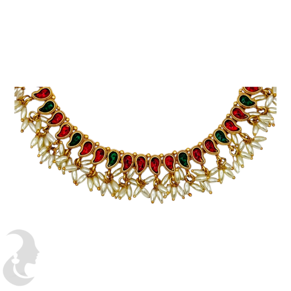 Short Necklace Rice Pearls (Ari Mani Mala )- Mango Design- Red & Green Color Stones- Studs, Product Code: V-1560 - Image 2