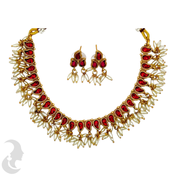 Short Necklace Rice Pearls (Ari Mani Mala )- Mango Design- Red Stones- Studs, Product Code: V-1561