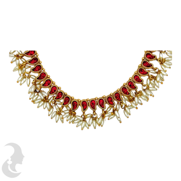 Short Necklace Rice Pearls (Ari Mani Mala )- Mango Design- Red Stones- Studs, Product Code: V-1561 - Image 2