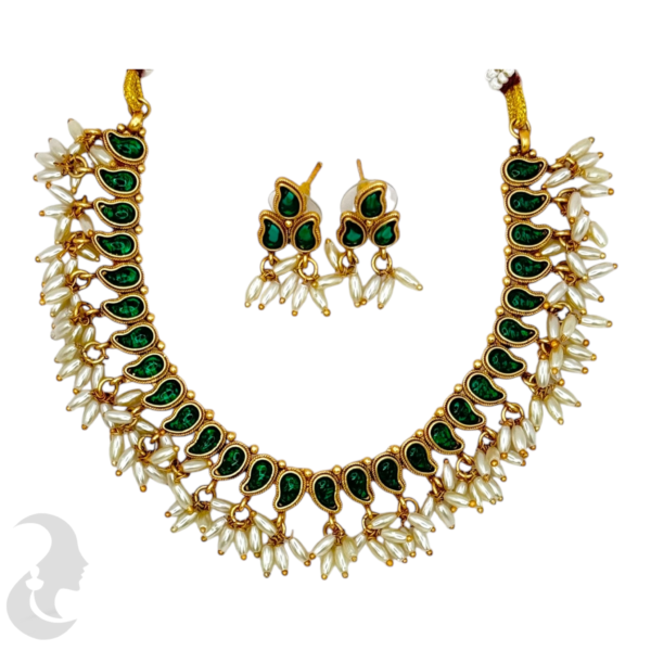 Short Necklace Rice Pearls (Ari Mani Mala )- Mango Design- Green Color Stones- Studs, Product Code: V-1562