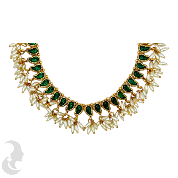 Short Necklace Rice Pearls (Ari Mani Mala )- Mango Design- Green Color Stones- Studs, Product Code: V-1562 - Image 2