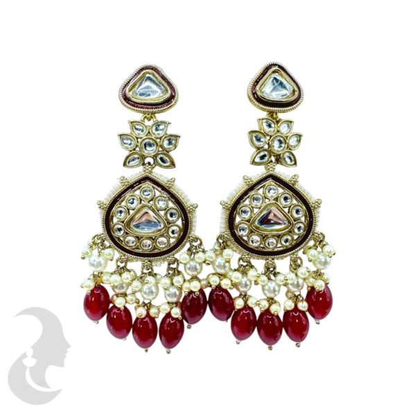 Kundan Stone Earrings- White & Red Hangings, Product Code: V-1797