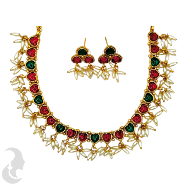 Short Necklace Rice Pearls (Ari Mani Mala )- Heart Design- Red & Green Color Stones- Studs, Product Code: V-1563