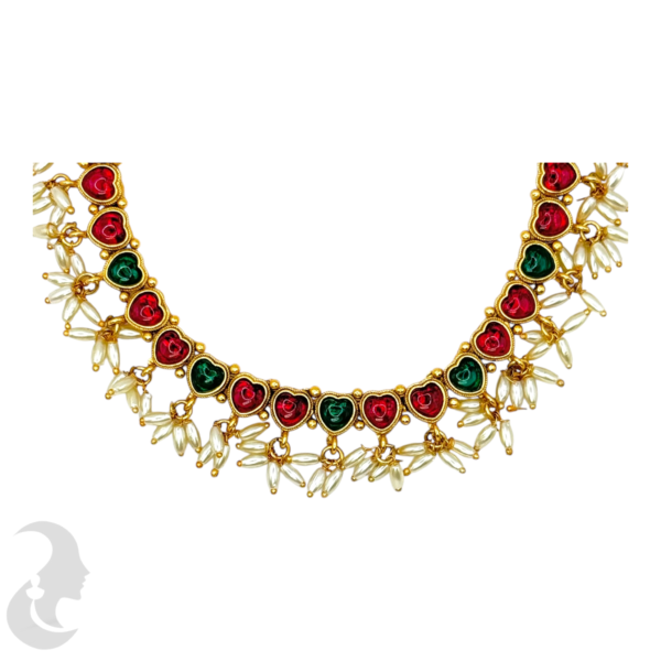 Short Necklace Rice Pearls (Ari Mani Mala )- Heart Design- Red & Green Color Stones- Studs, Product Code: V-1563 - Image 2