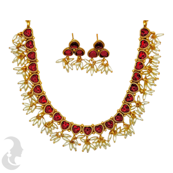 Short Necklace Rice Pearls (Ari Mani Mala )- Heart Design- Red Stones- Studs, Product Code: V-1564