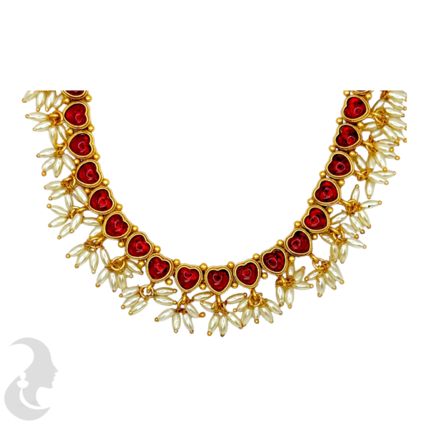 Short Necklace Rice Pearls (Ari Mani Mala )- Heart Design- Red Stones- Studs, Product Code: V-1564 - Image 2