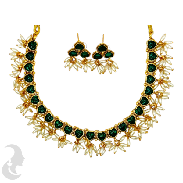 Short Necklace Rice Pearls (Ari Mani Mala )- Heart Design- Green Color Stones- Studs, Product Code: V-1565