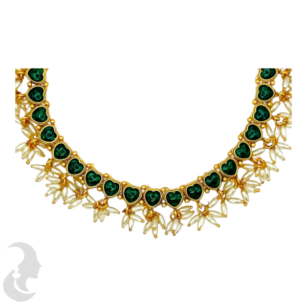 Short Necklace Rice Pearls (Ari Mani Mala )- Heart Design- Green Color Stones- Studs, Product Code: V-1565 - Image 2