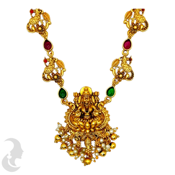 Short Necklace- Ruby & Green Color Stones- Lakshmi Design- Peacock Necklace- Lakshmi Jhumkas, Product Code: V-1566 - Image 2