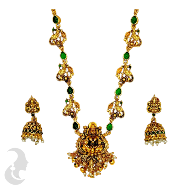 Short Necklace- Green Color Stones- Lakshmi Design- Peacock Necklace- Lakshmi Jhumkas, Product Code: V-1567