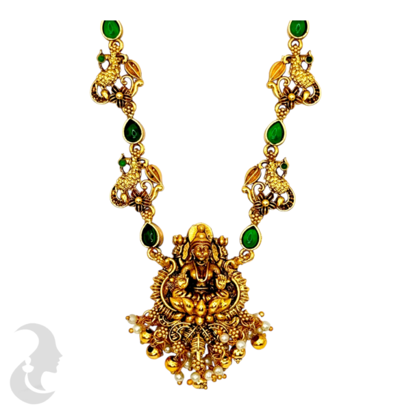 Short Necklace- Green Color Stones- Lakshmi Design- Peacock Necklace- Lakshmi Jhumkas, Product Code: V-1567 - Image 2