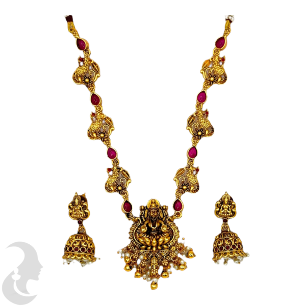 Short Necklace- Ruby Color Stones- Lakshmi Design- Peacock Necklace- Lakshmi Jhumkas, Product Code: V-1568