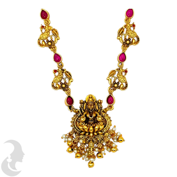 Short Necklace- Ruby Color Stones- Lakshmi Design- Peacock Necklace- Lakshmi Jhumkas, Product Code: V-1568 - Image 2