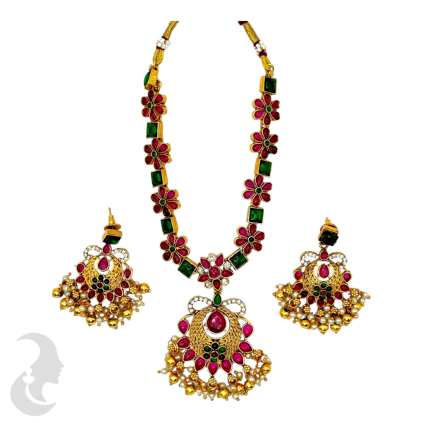 Short Necklace- Ruby & Green Color Stones- Flower Design- Studs, Product Code: V-1569