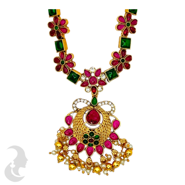 Short Necklace- Ruby & Green Color Stones- Flower Design- Studs, Product Code: V-1569 - Image 2