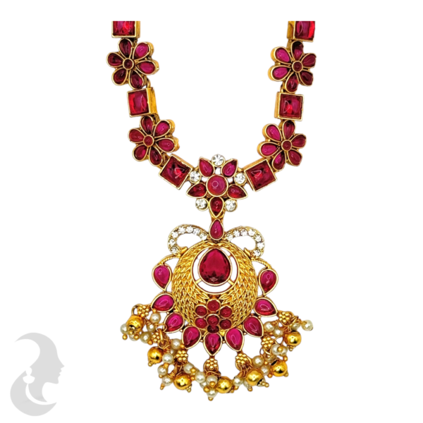 Short Necklace- Ruby Color Stones- Flower Design- Flower Necklace-, Product Code: V-1570 - Image 2