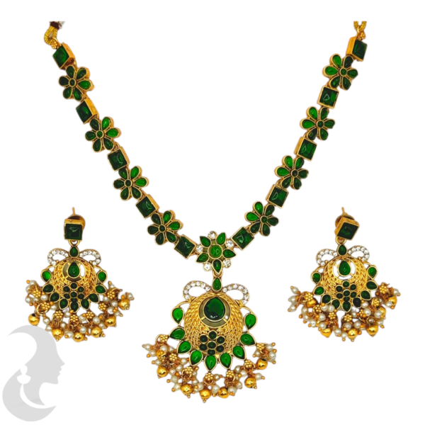 Short Necklace- Green Color Stones- Flower Design- Flower Necklace- Studs, Product Code: V-1571