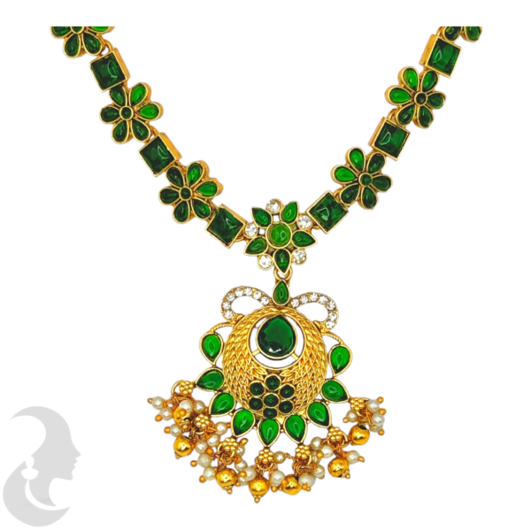 Short Necklace- Green Color Stones- Flower Design- Flower Necklace- Studs, Product Code: V-1571 - Image 2