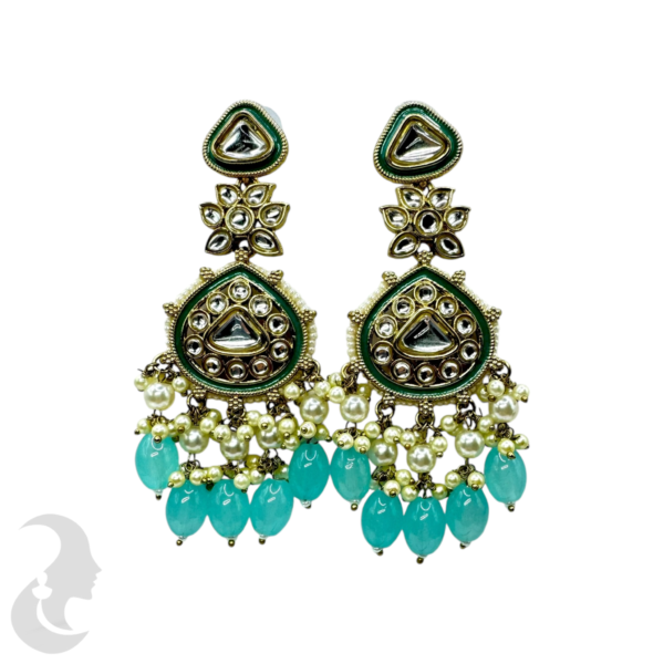 Kundan Stone Earrings-  White & Light Blue Hangings, Product Code: V-1798