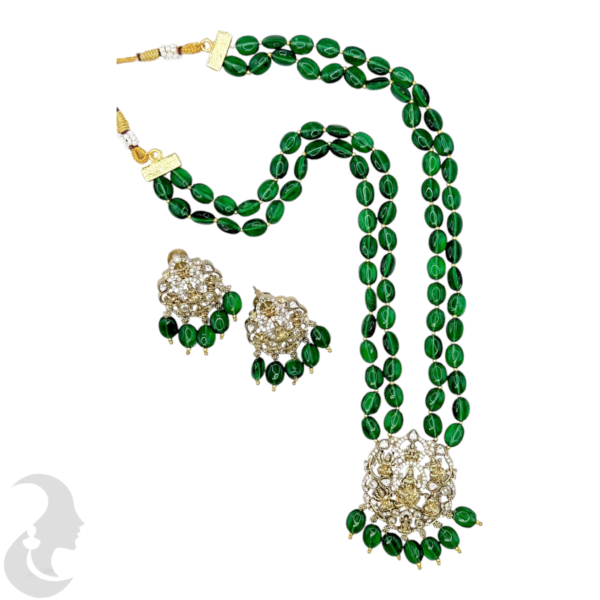 Victorian Necklace- Green Color Color Stones- Lakshmi Design- AD Stones- Hanging Studs, Product Code: V-1574