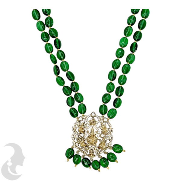 Victorian Necklace- Green Color Color Stones- Lakshmi Design- AD Stones- Hanging Studs, Product Code: V-1574 - Image 2