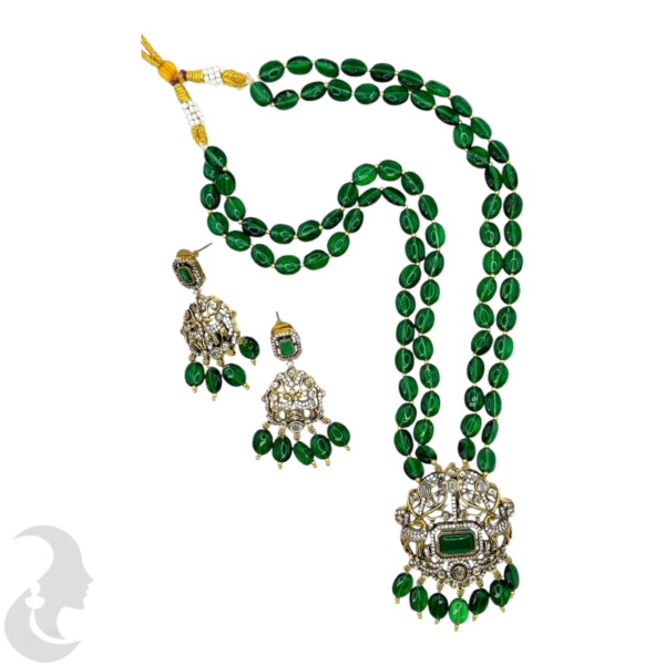 Victorian Necklace- Green Color Color Stone- AD Stones- Hanging Studs, Product Code: V-1578