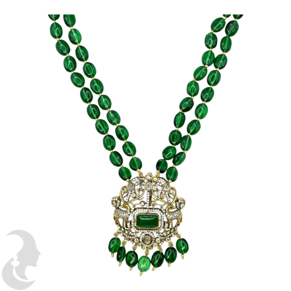 Victorian Necklace- Green Color Color Stone- AD Stones- Hanging Studs, Product Code: V-1578 - Image 2