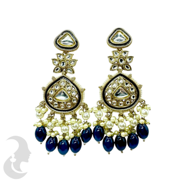 Kundan Stone Earrings- White & Dark Blue Hangings, Product Code: V-1799