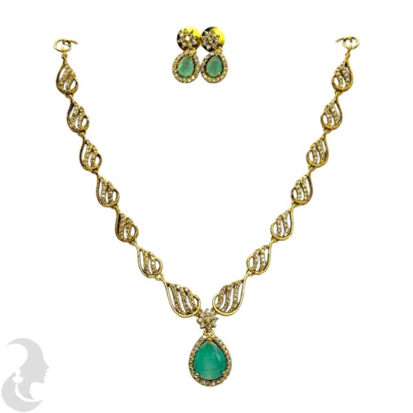 Premium AD Necklace- Unique Design Necklace- Mint & AD Stones- Studs, Product Code: V-1584