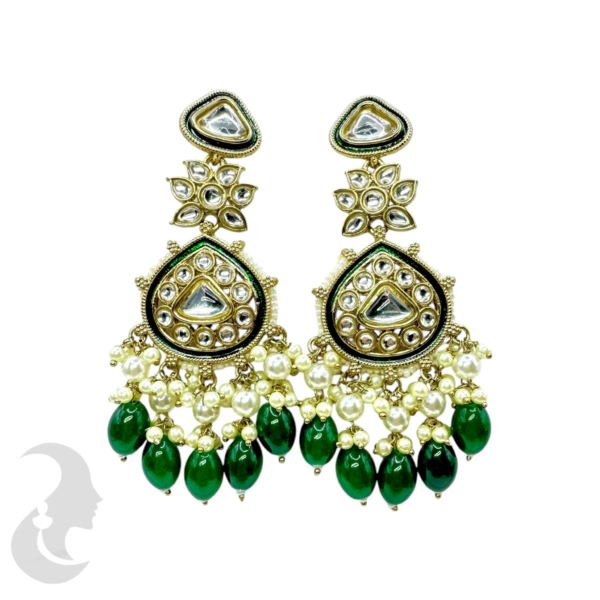 Kundan Stone Earrings- White & Dark Green Color Hangings, Product Code: V-1800