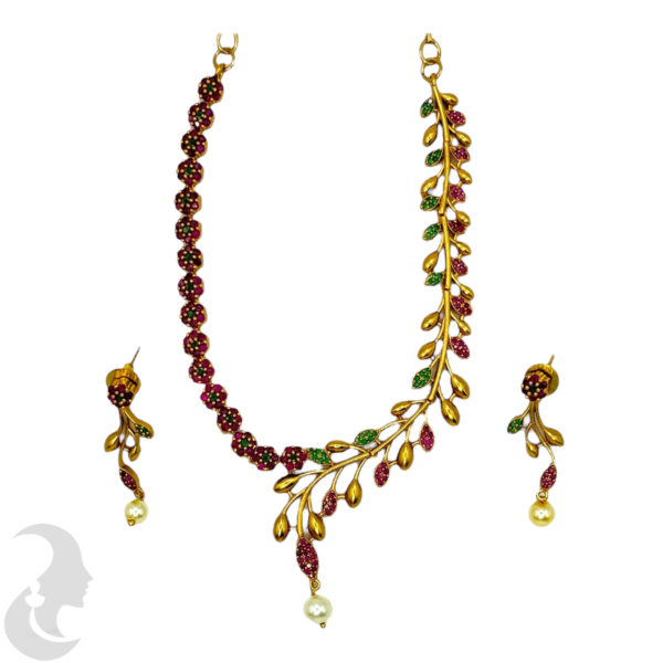 Premium AD Necklace- AD, Green & Ruby Color Stones- Flower & Leaf Design- Studs, Product Code: V-1593