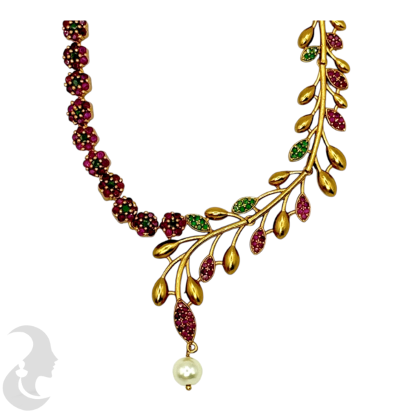 Premium AD Necklace- AD, Green & Ruby Color Stones- Flower & Leaf Design- Studs, Product Code: V-1593 - Image 2