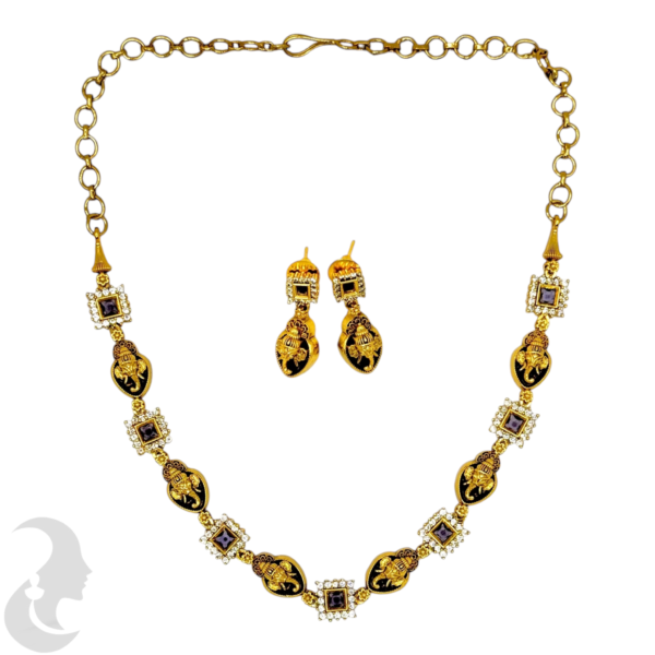 Premium AD Necklace- Ganapati Design - AD & Grape Color Stones- Studs, Product Code: V-1596