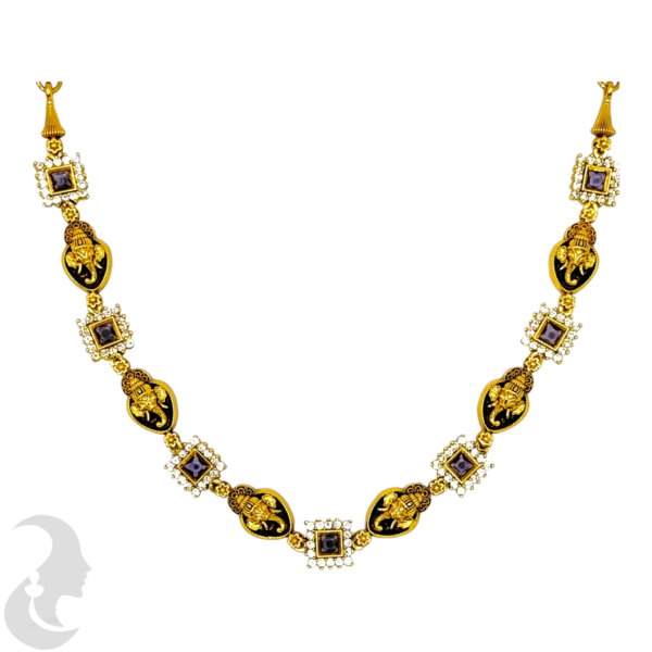 Premium AD Necklace- Ganapati Design - AD & Grape Color Stones- Studs, Product Code: V-1596 - Image 2