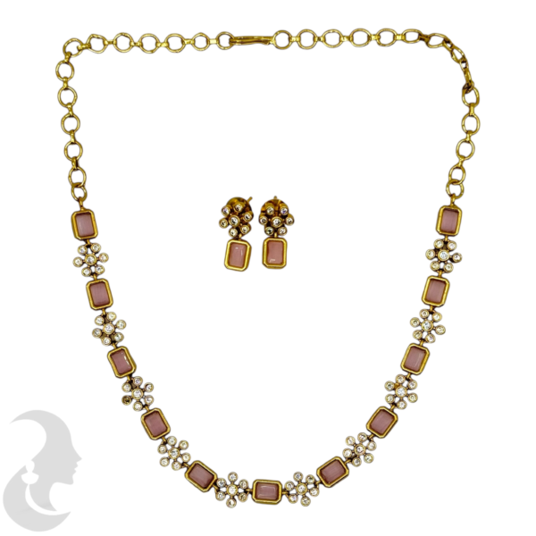 Premium AD Necklace- Rectangle & Flower Design Necklace- Baby Pink & AD Stones- Studs, Product Code: V-1598