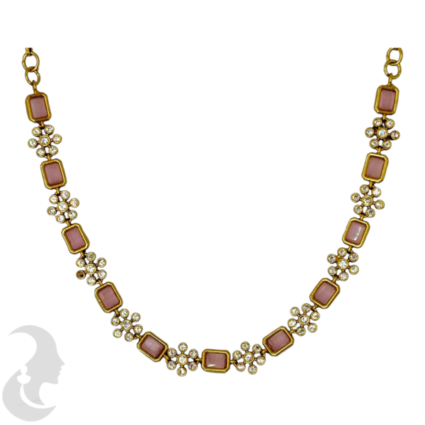 Premium AD Necklace- Rectangle & Flower Design Necklace- Baby Pink & AD Stones- Studs, Product Code: V-1598 - Image 2