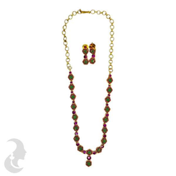 Premium AD Necklace- Hexagon Design Necklace- Ruby, Green Color & AD Stones- Studs, Product Code: V-1606