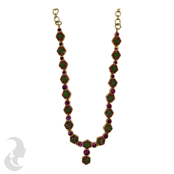 Premium AD Necklace- Hexagon Design Necklace- Ruby, Green Color & AD Stones- Studs, Product Code: V-1606 - Image 2